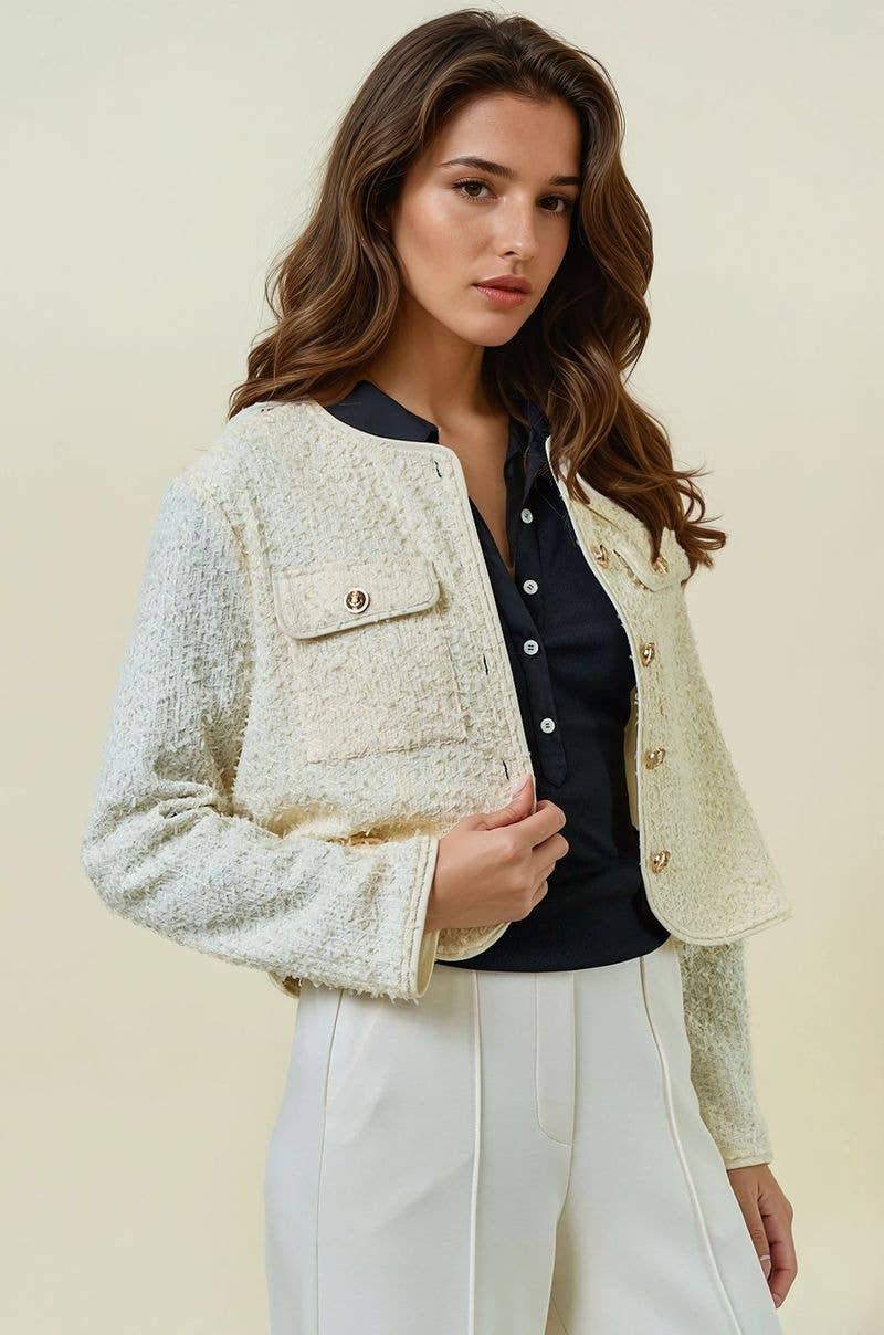 FRINGE TEXTURED KNIT BUTTON FRONT LADY JACKET - 10710J