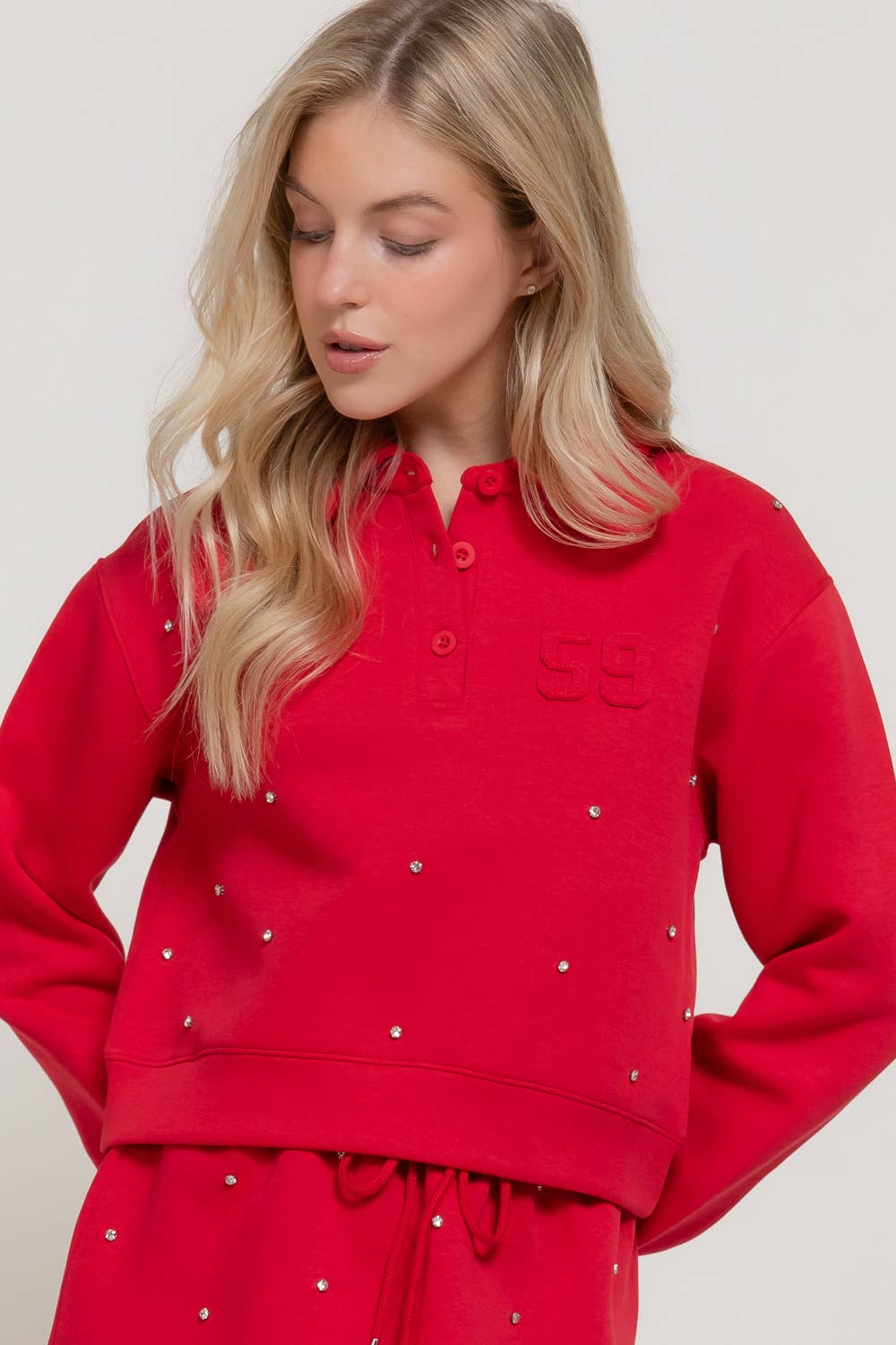 Long Sleeve with Embellished Scuba Polo Top