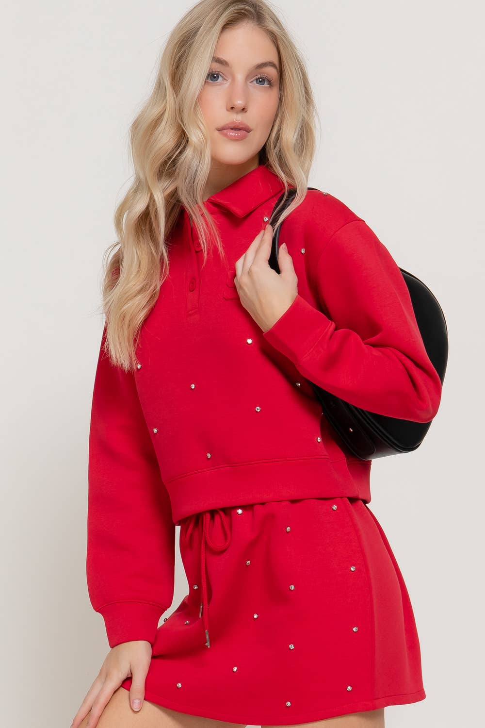 Long Sleeve with Embellished Scuba Polo Top