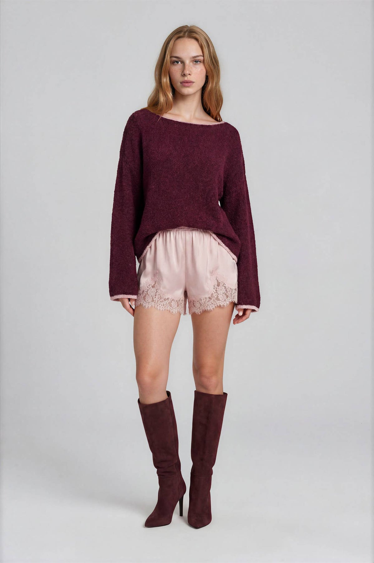BOAT NECK CONTRAST TRIM LONG SLEEVE KNIT SWEATER