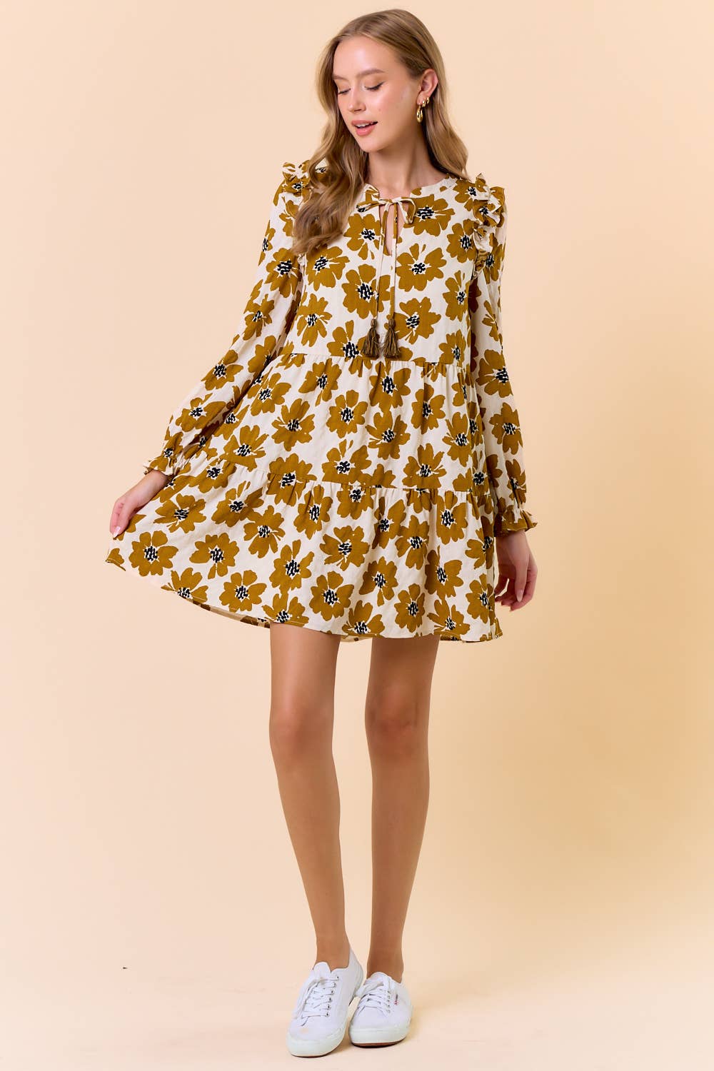 FLORAL PRINT LONG SLEEVE TIERED MINI DRESS - 27817D
