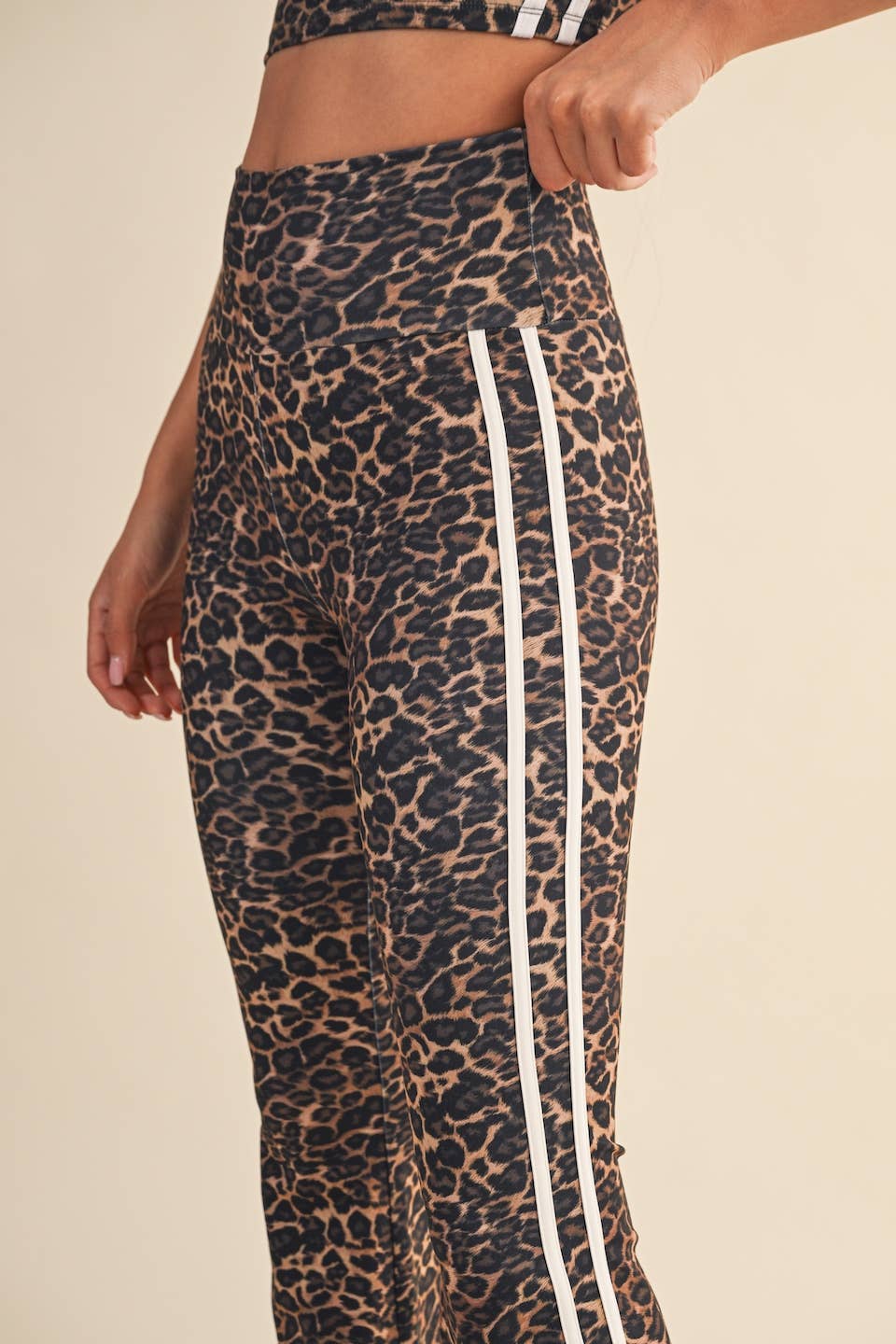 Leopard Print High Waist Flare Pants with Side Stripe