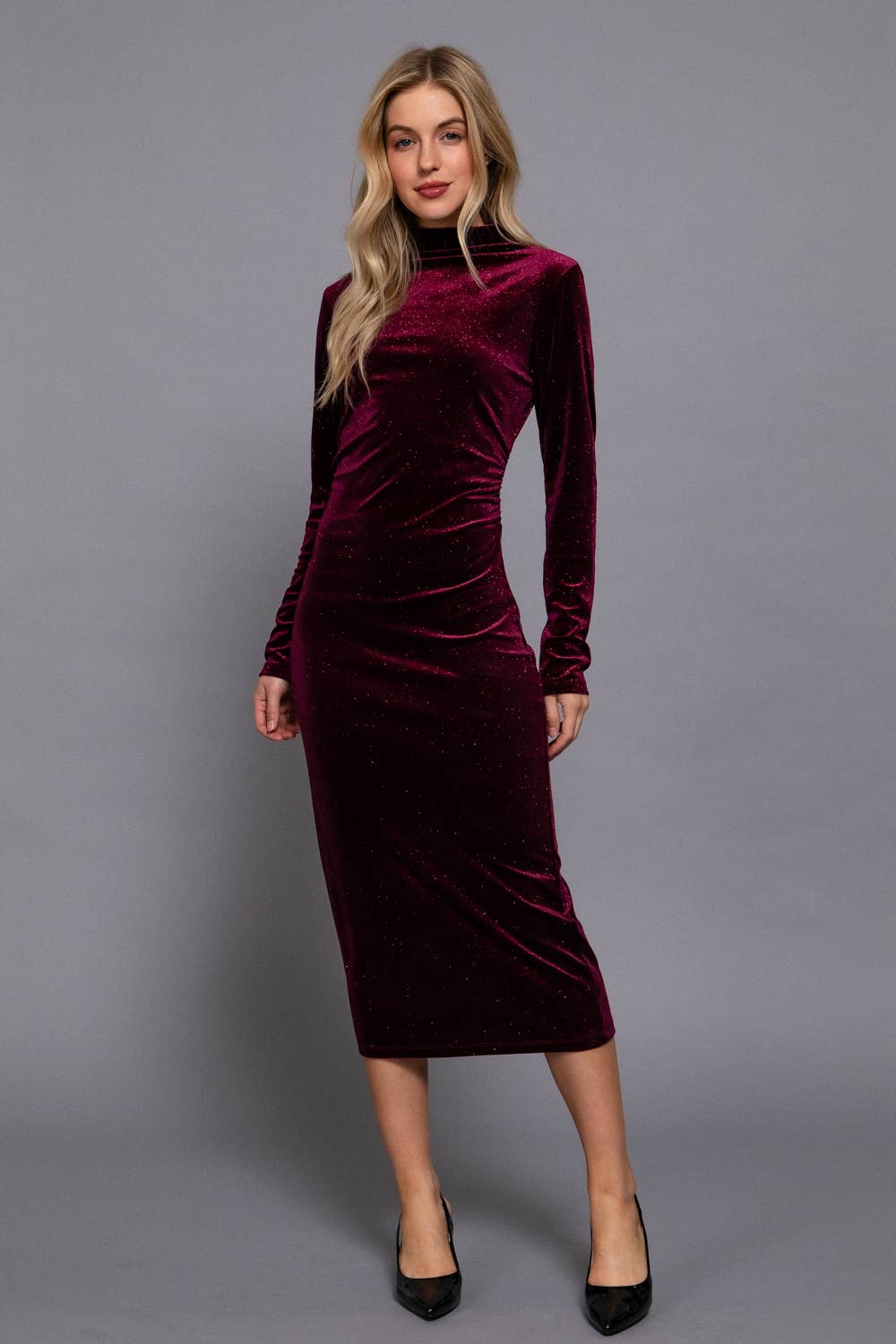 Long Sleeve High Neck Shirring Glitter Velvet Long Dress