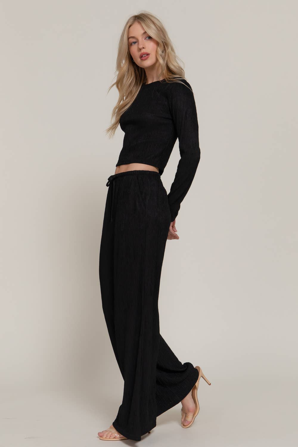 Long Sleeve Crew Neck Top & Waist Tie Long Pants Set