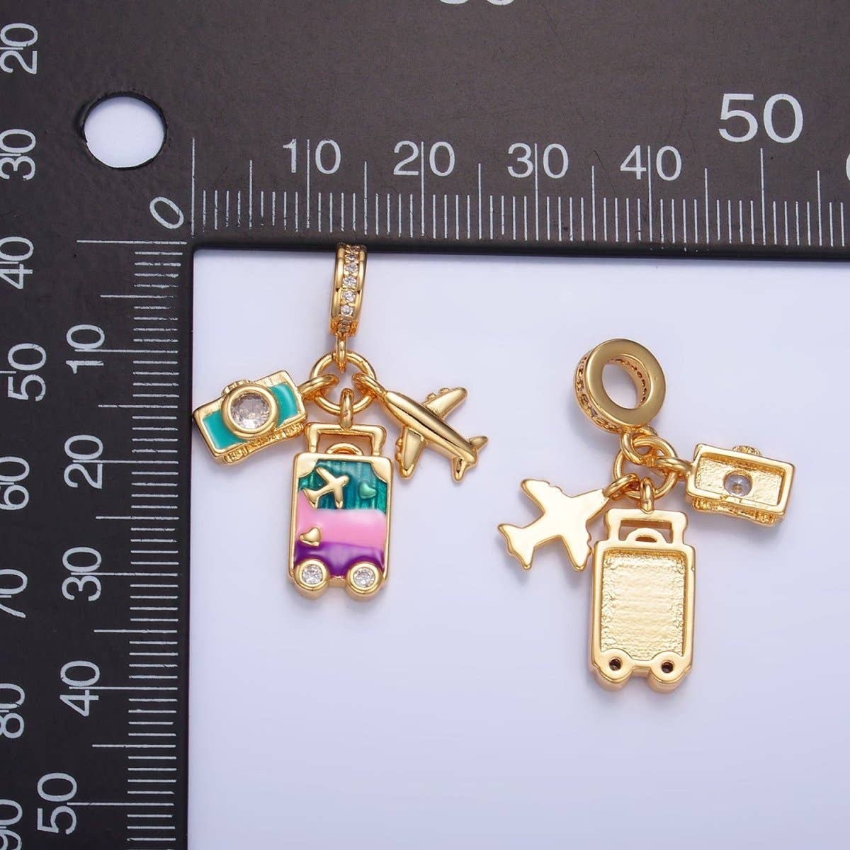 24K Gold Filled Suitcase Camera Airplane Travel CZ Rhondelle Drop Pendant | W444
