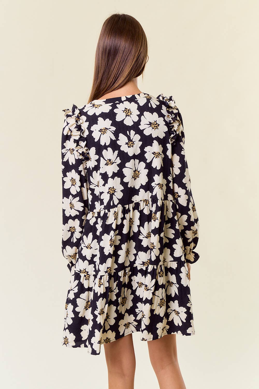 FLORAL PRINT LONG SLEEVE TIERED MINI DRESS - 27817D