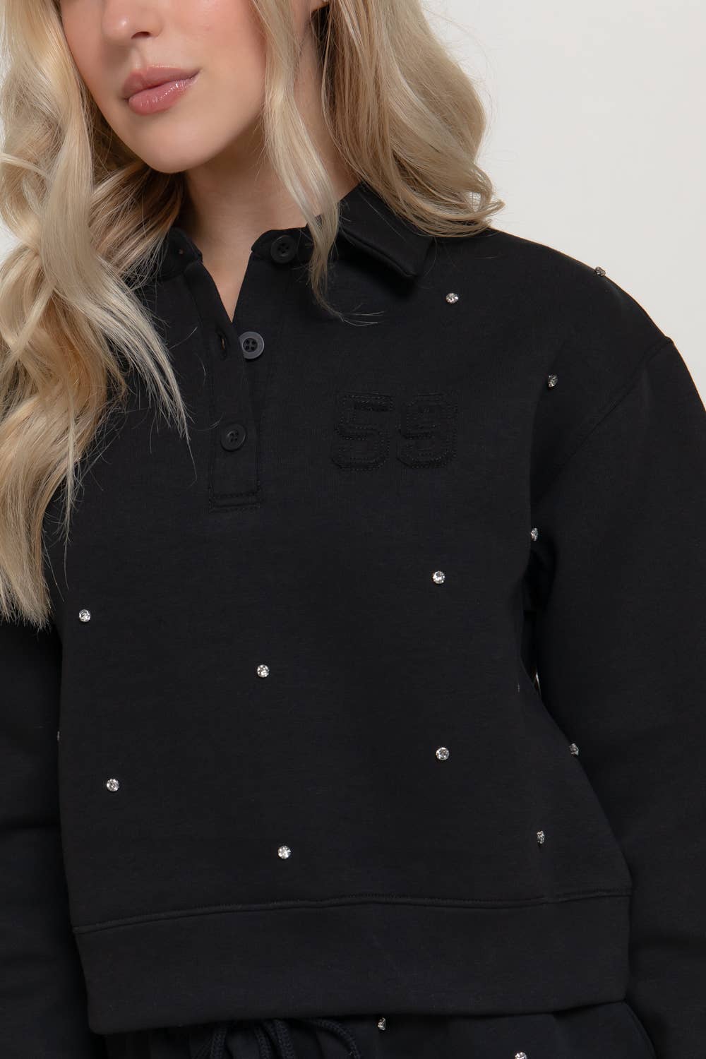 Long Sleeve with Embellished Scuba Polo Top