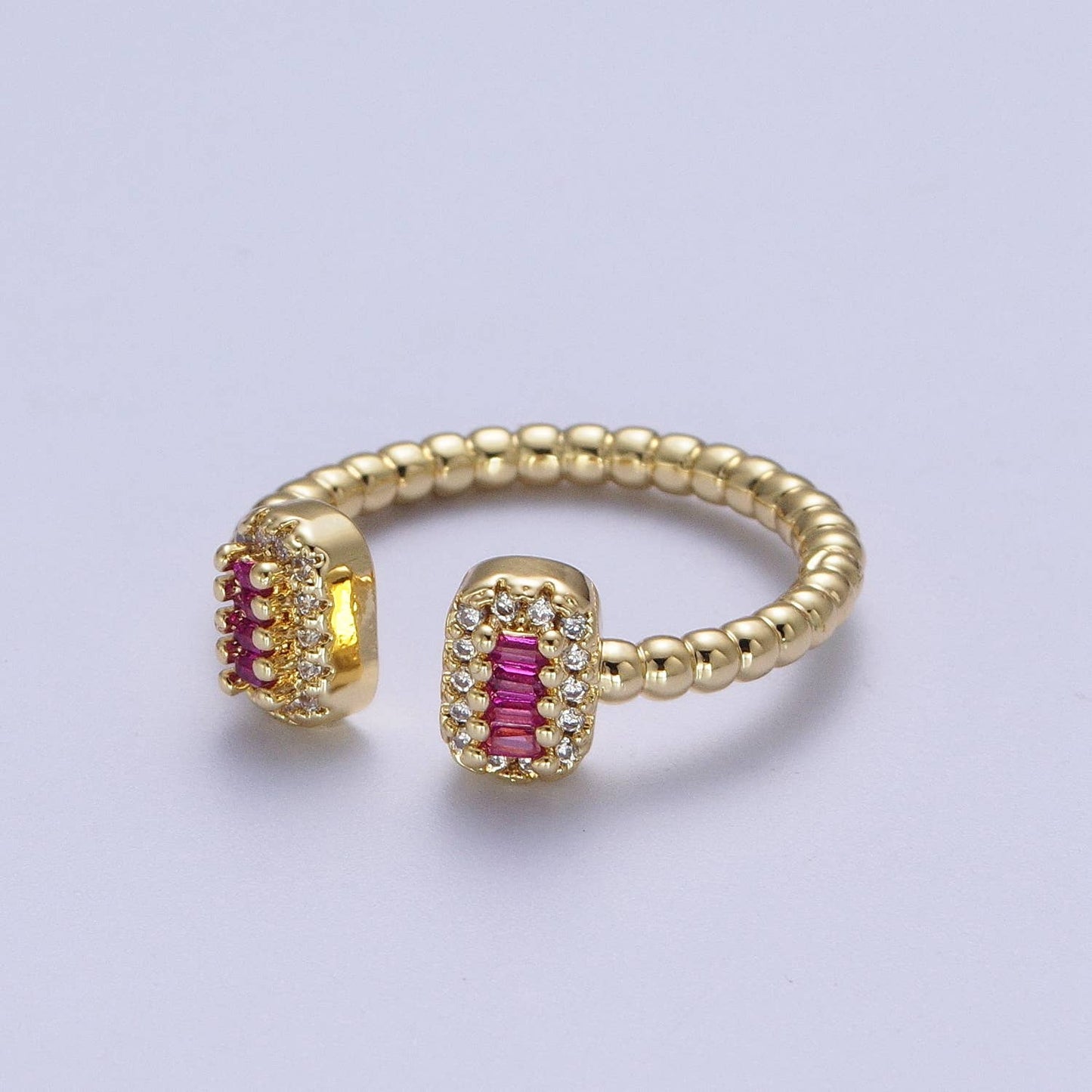 Elegant Clear/Fuchsia/Green CZ Crystal Baguette Gold Ring