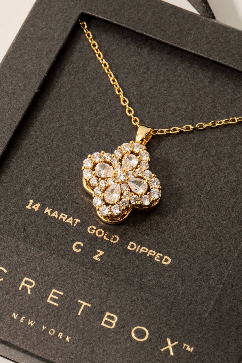Secret Box Gold Dipped Cz Cluster Clover Pendant Necklace