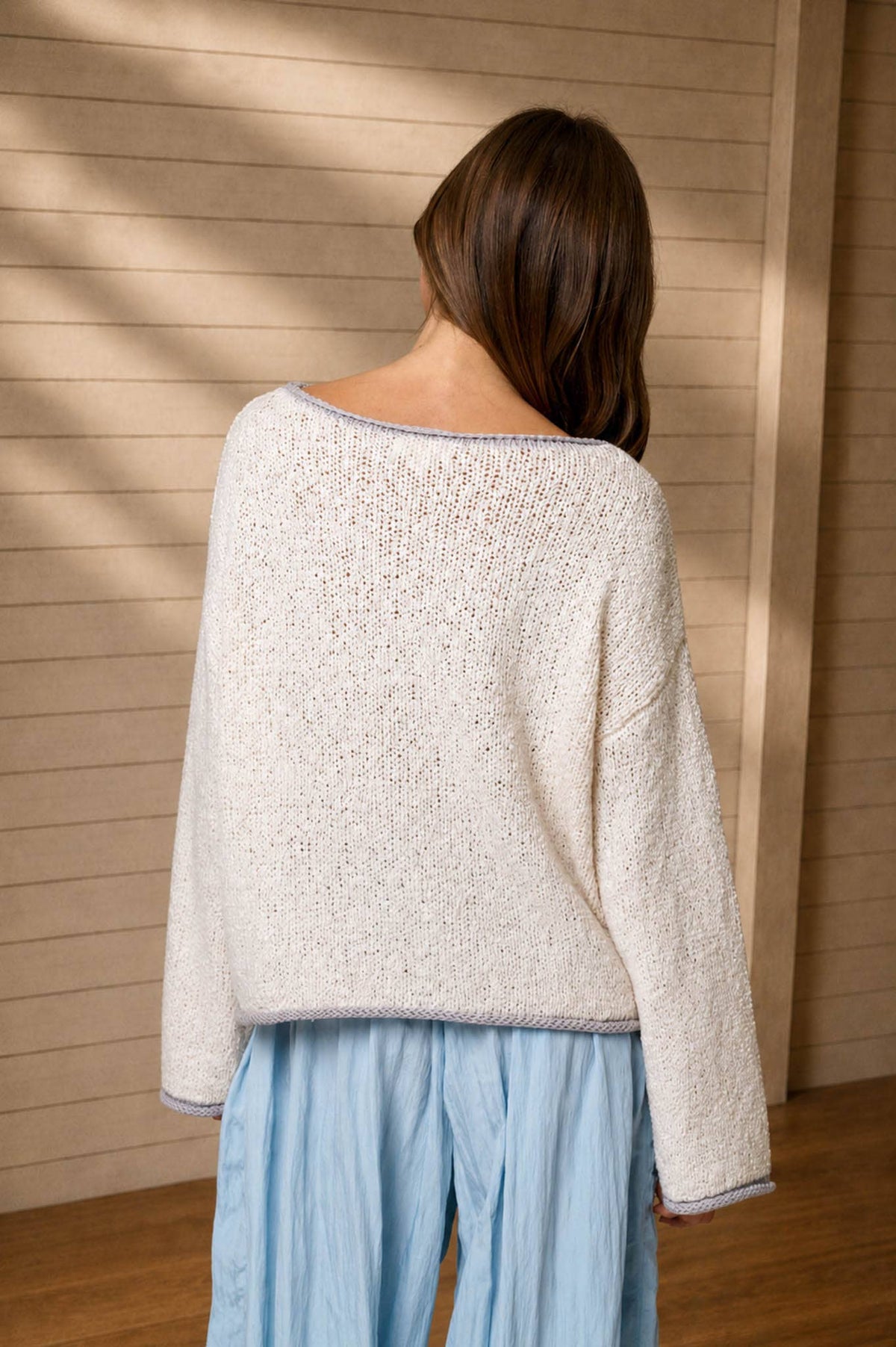 BOAT NECK CONTRAST TRIM LONG SLEEVE KNIT SWEATER