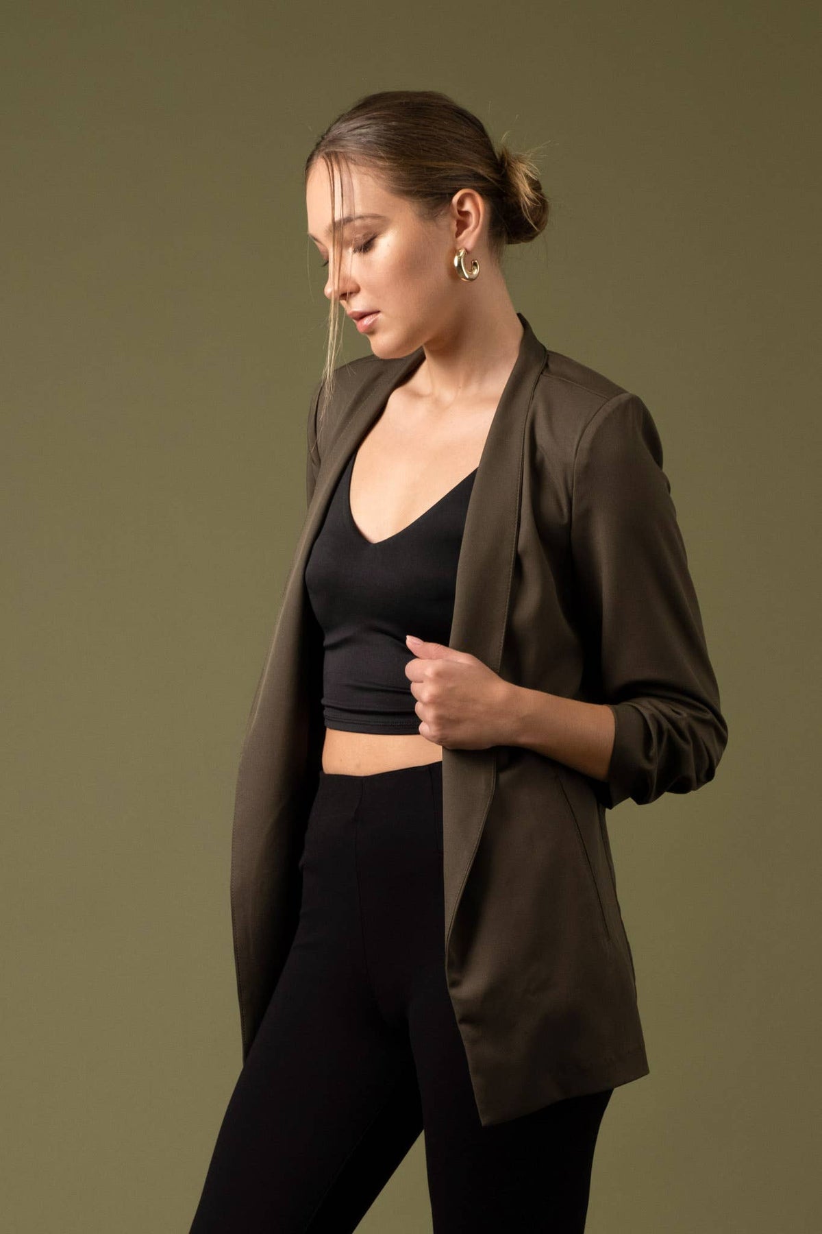 COLLARLESS 3/4 RUCHED SLEEVE LONGLINE BLAZER