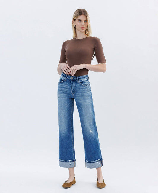 HIGH RISE CUFFED SLIM WIDE JEANS