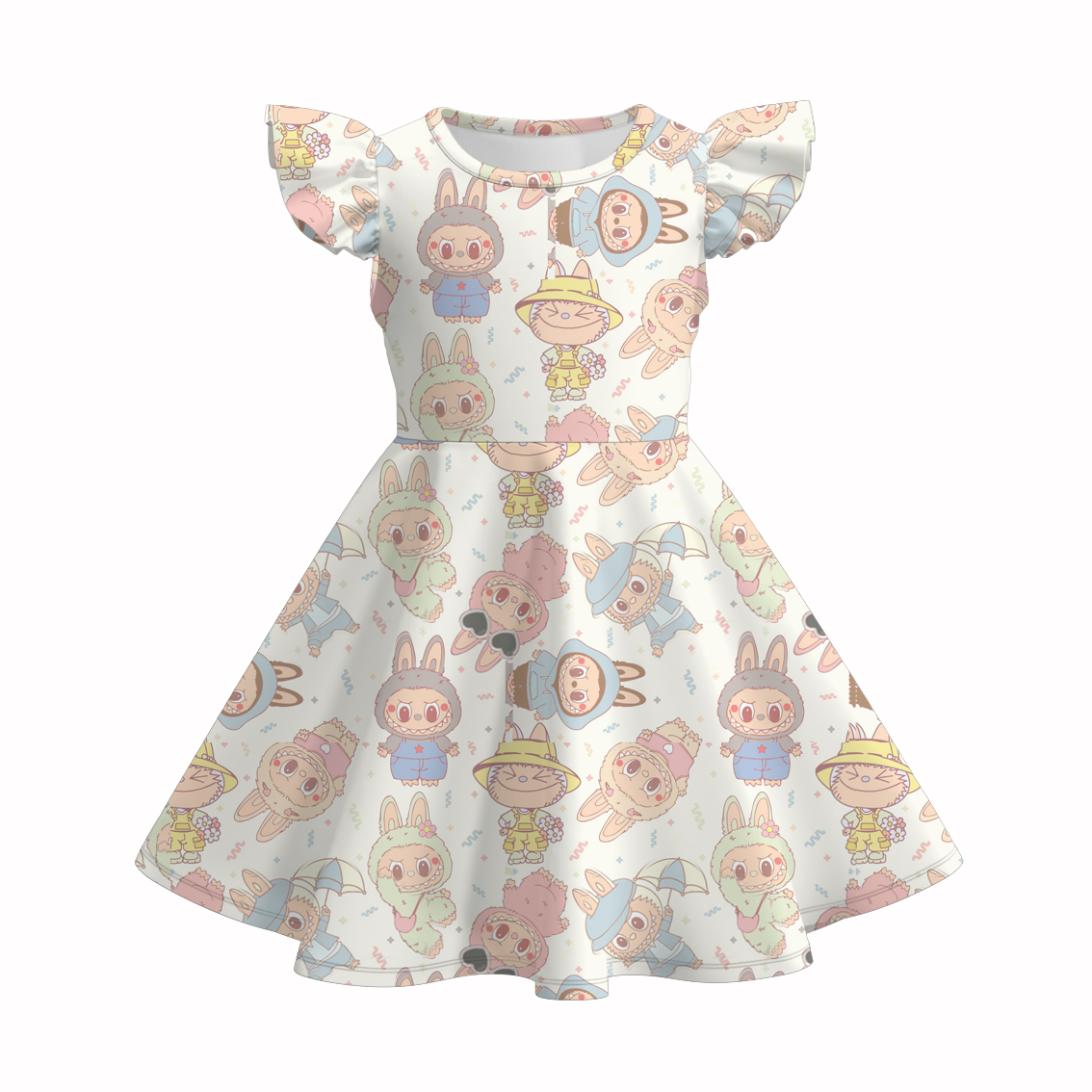 Girls flutter sleeve twirl dress with labubu printed