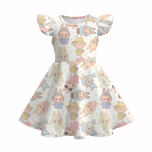 Girls flutter sleeve twirl dress with labubu printed