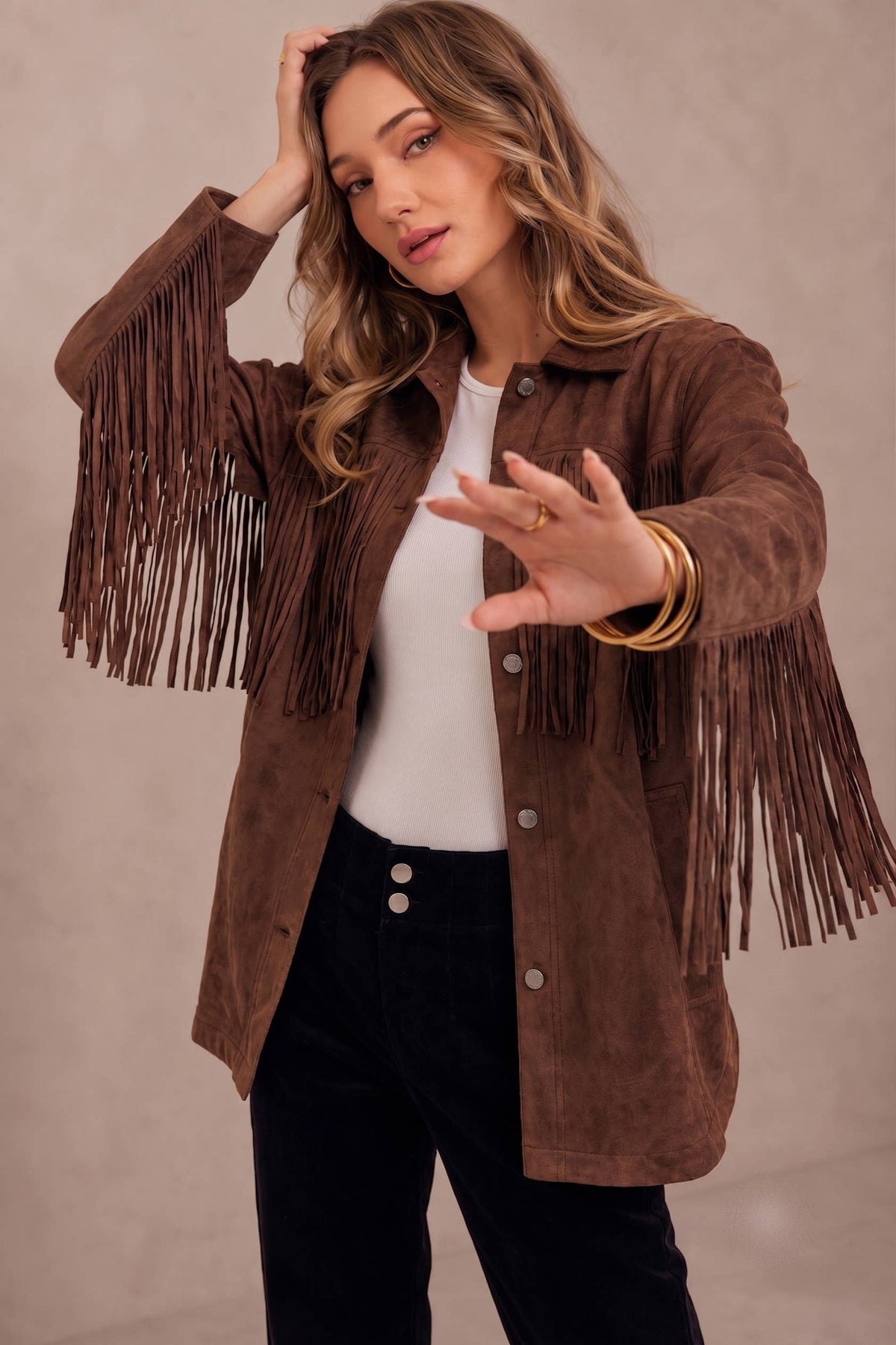 RELAXED FIT FAUX SUEDE FRINGE CASUAL JACKET