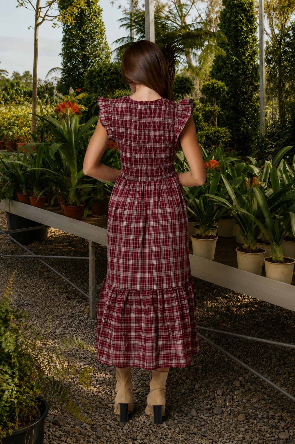 PLAID SMOCKED V NECK BUTTON DOWN RUFFLED MIDI DRES