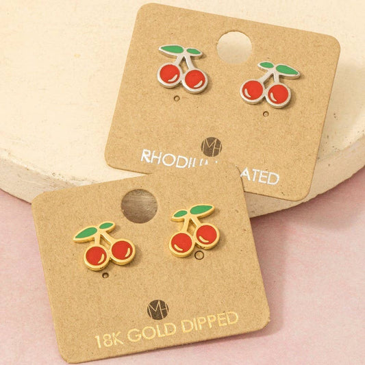 Gold Dipped Epoxy Cherry Stud Earrings
