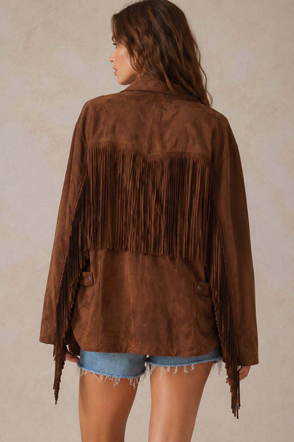 RELAXED FIT FAUX SUEDE FRINGE CASUAL JACKET
