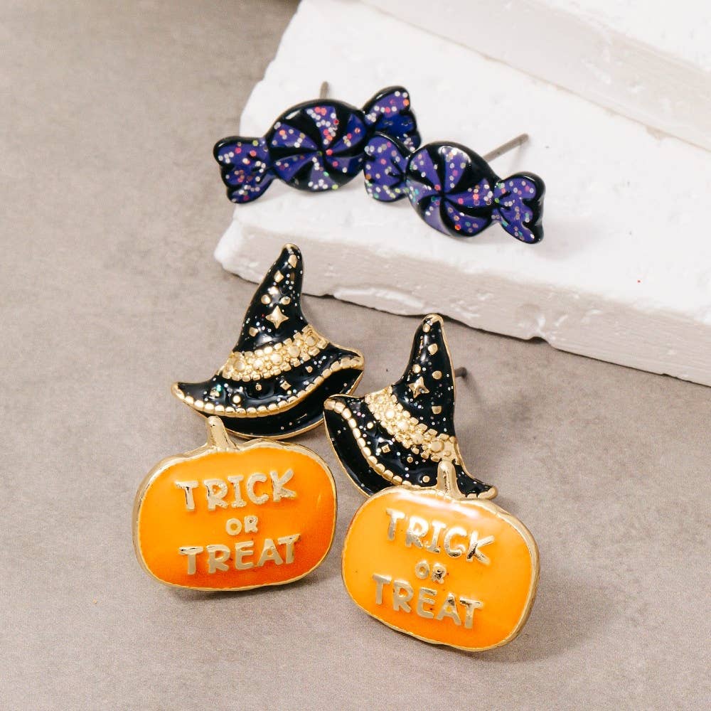 3Pc Mixed Enamel Halloween Stud Earrings Set
