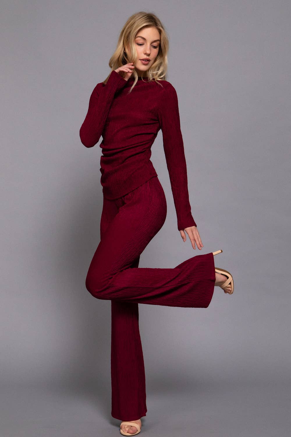 Long Sleeve Draped Top & Waist Band Flare Pants Set