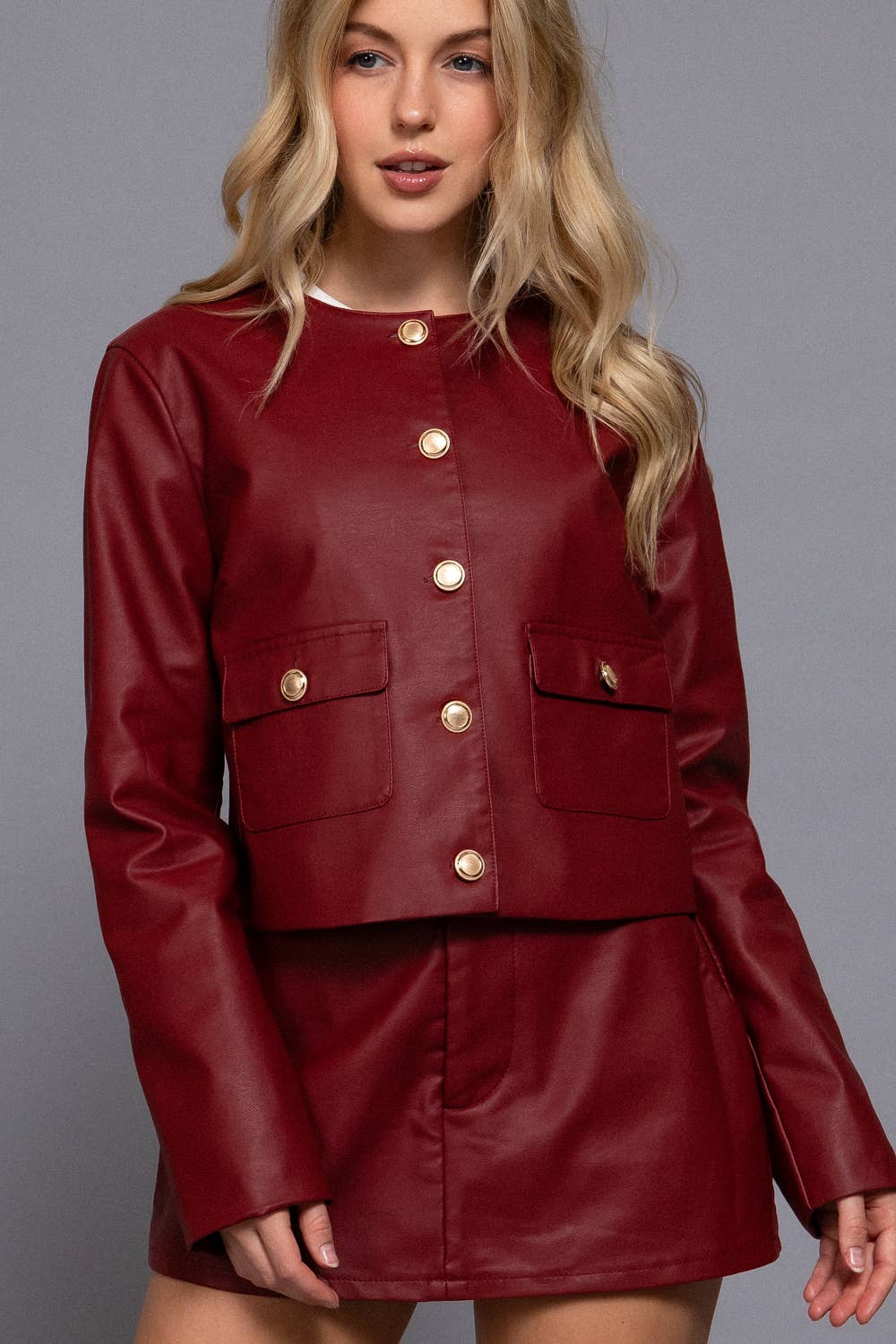 Long Sleeve Crew Neck Button Down Faux Leather Jacket