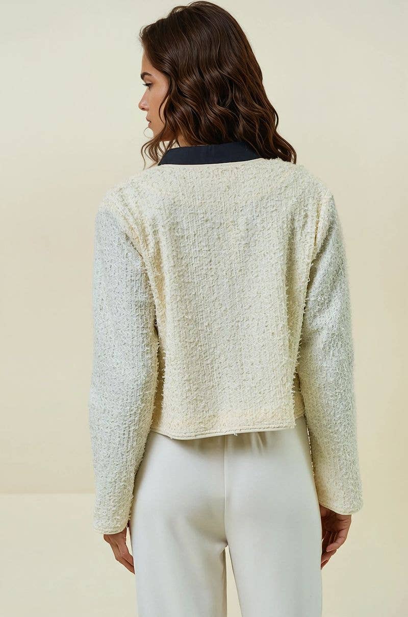 FRINGE TEXTURED KNIT BUTTON FRONT LADY JACKET - 10710J