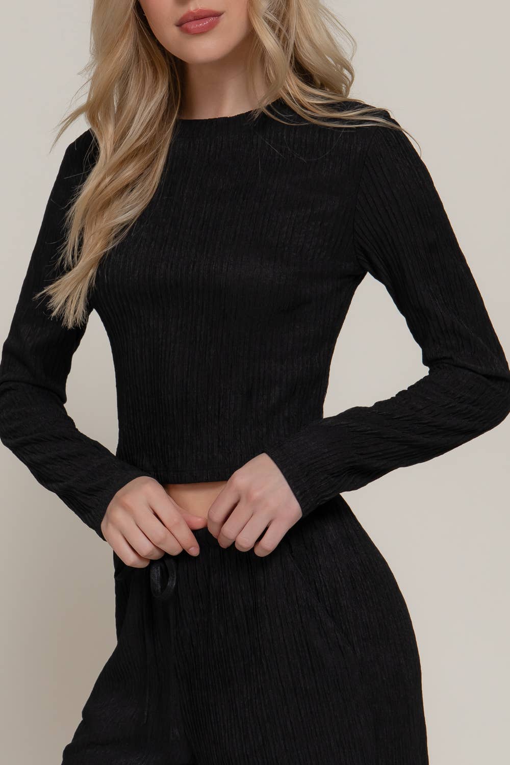 Long Sleeve Crew Neck Top & Waist Tie Long Pants Set