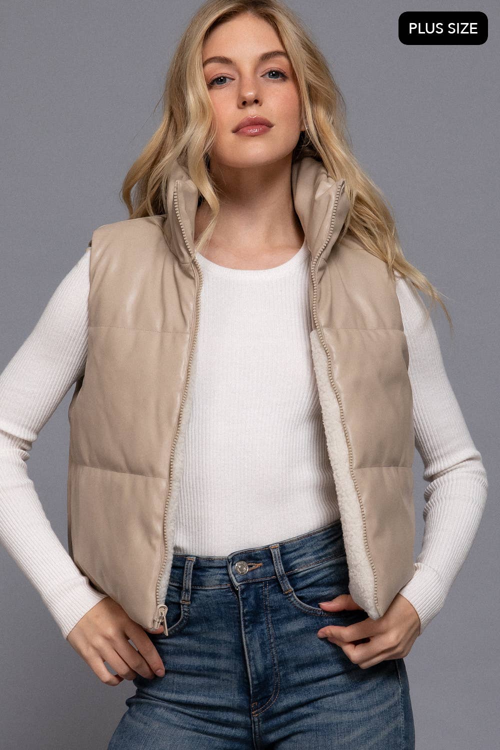 Reversible Faux Leather-Sherpa Contrast Padding Crop Vest