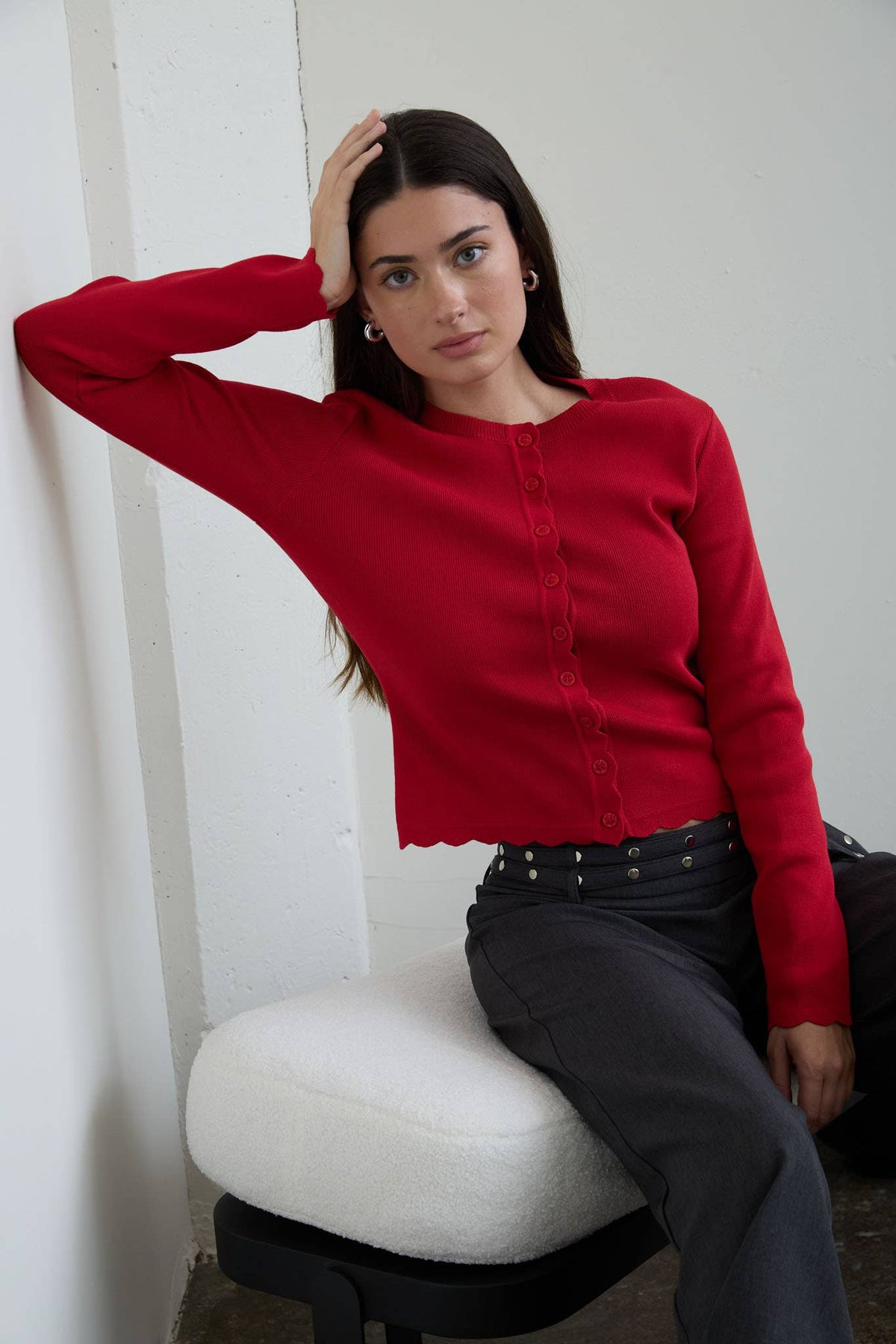 SCALLOPED BUTTON DETAIL LONG SLEEVE KNIT CARDIGAN  (PRE-ORDER)