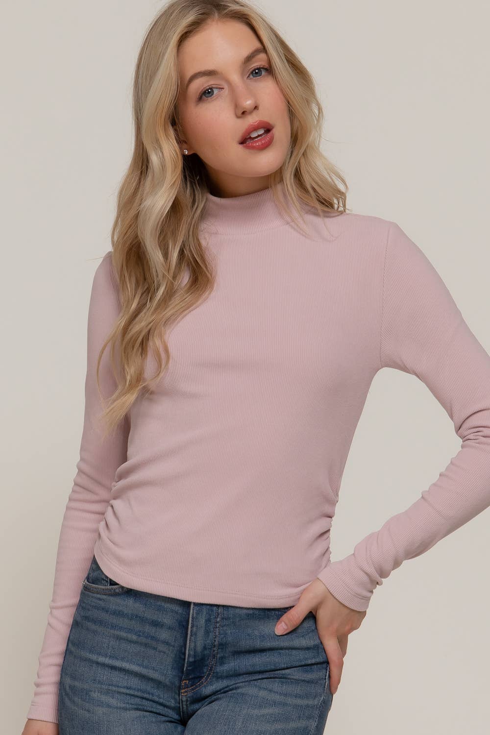 Long Sleeve Turtle Neck Side Detail Brushed Rib Top