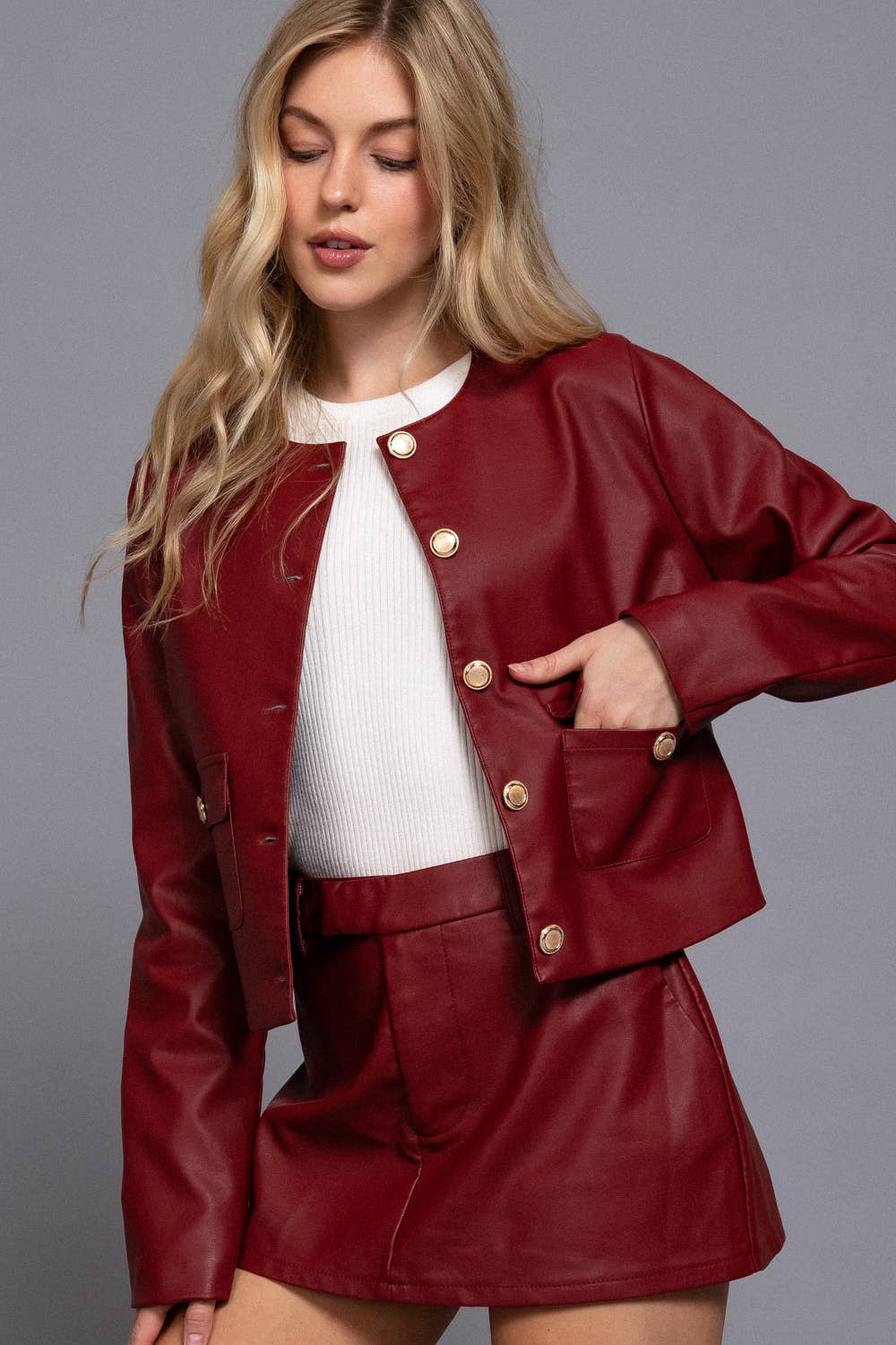 Long Sleeve Crew Neck Button Down Faux Leather Jacket