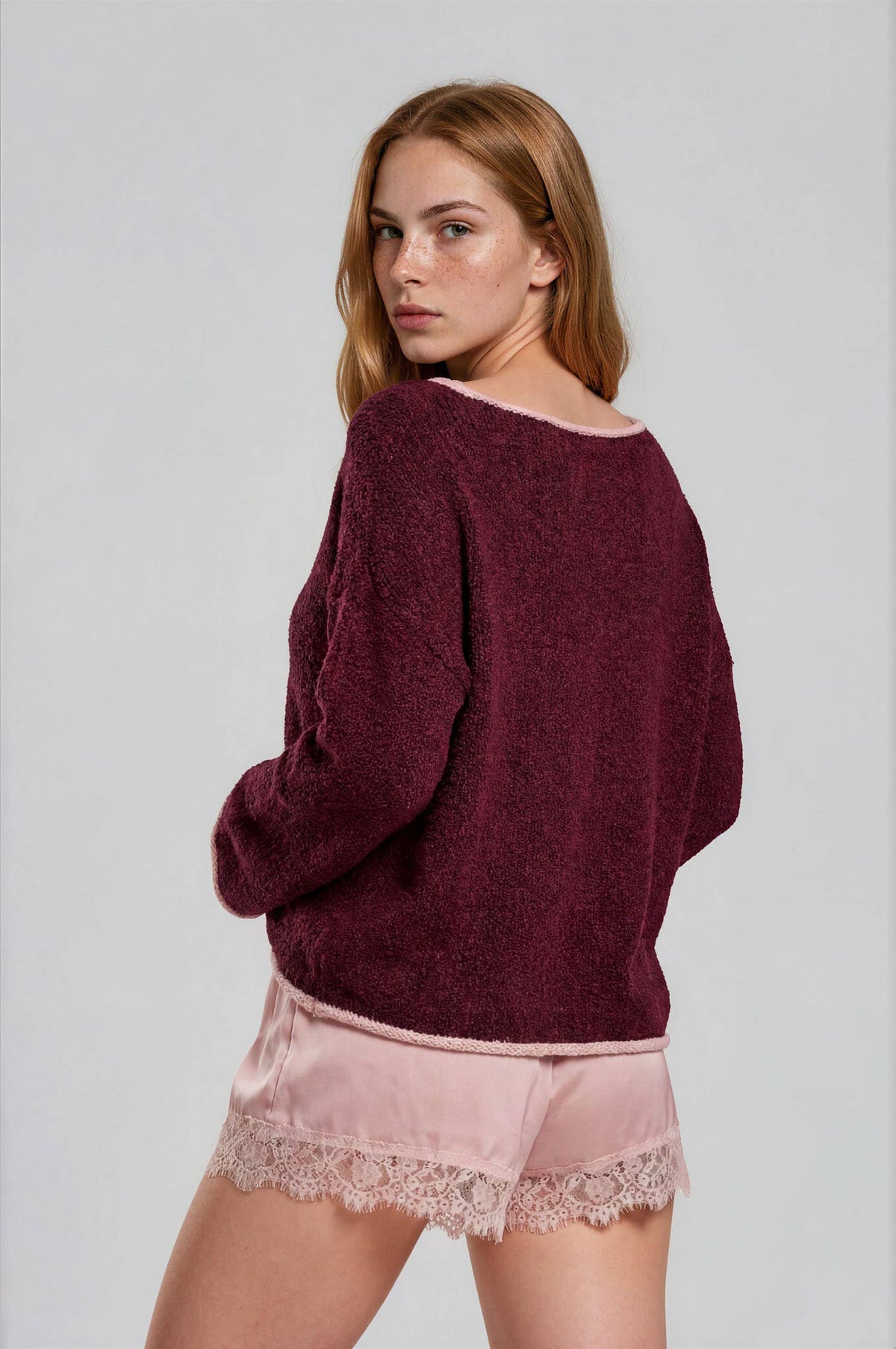 BOAT NECK CONTRAST TRIM LONG SLEEVE KNIT SWEATER