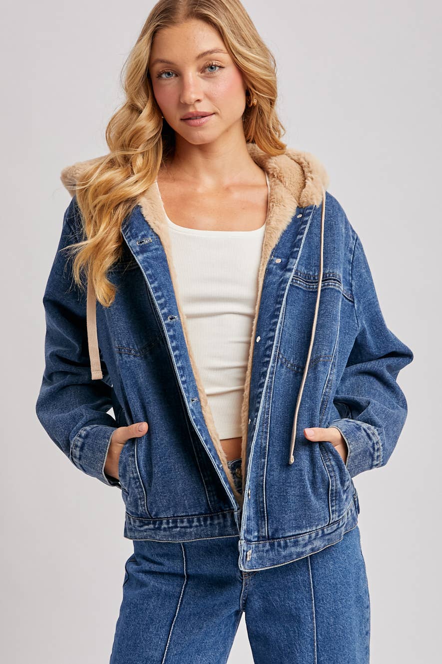 BUTTON DOWN FAUX FUR HOODED DENIM JACKET