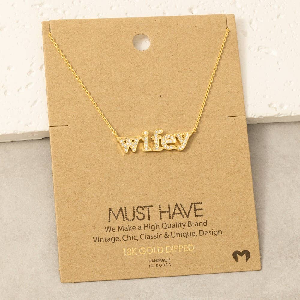Gold Dipped Cz Pave Wifey Pendant Necklace