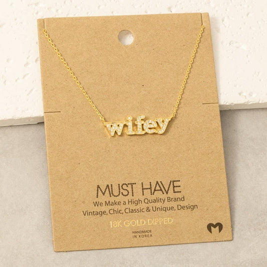 Gold Dipped Cz Pave Wifey Pendant Necklace