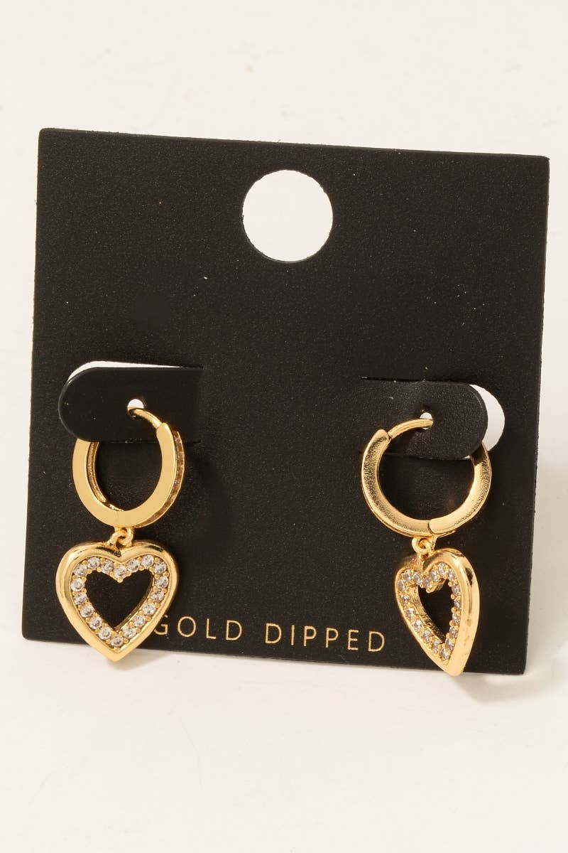 Gold Dipped Cz Heart Charm Hoop Earrings