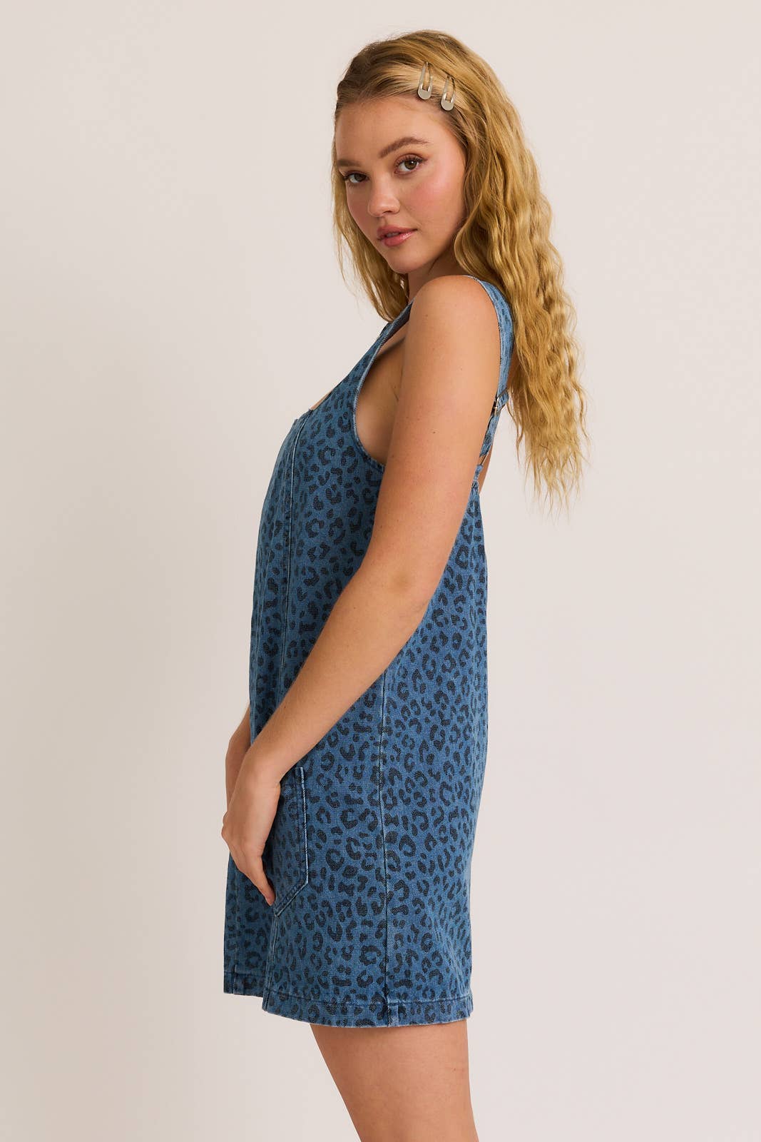 animal print denim dress Leopard Print Denim Mini Collared Bib Dress Purple Door Boutique