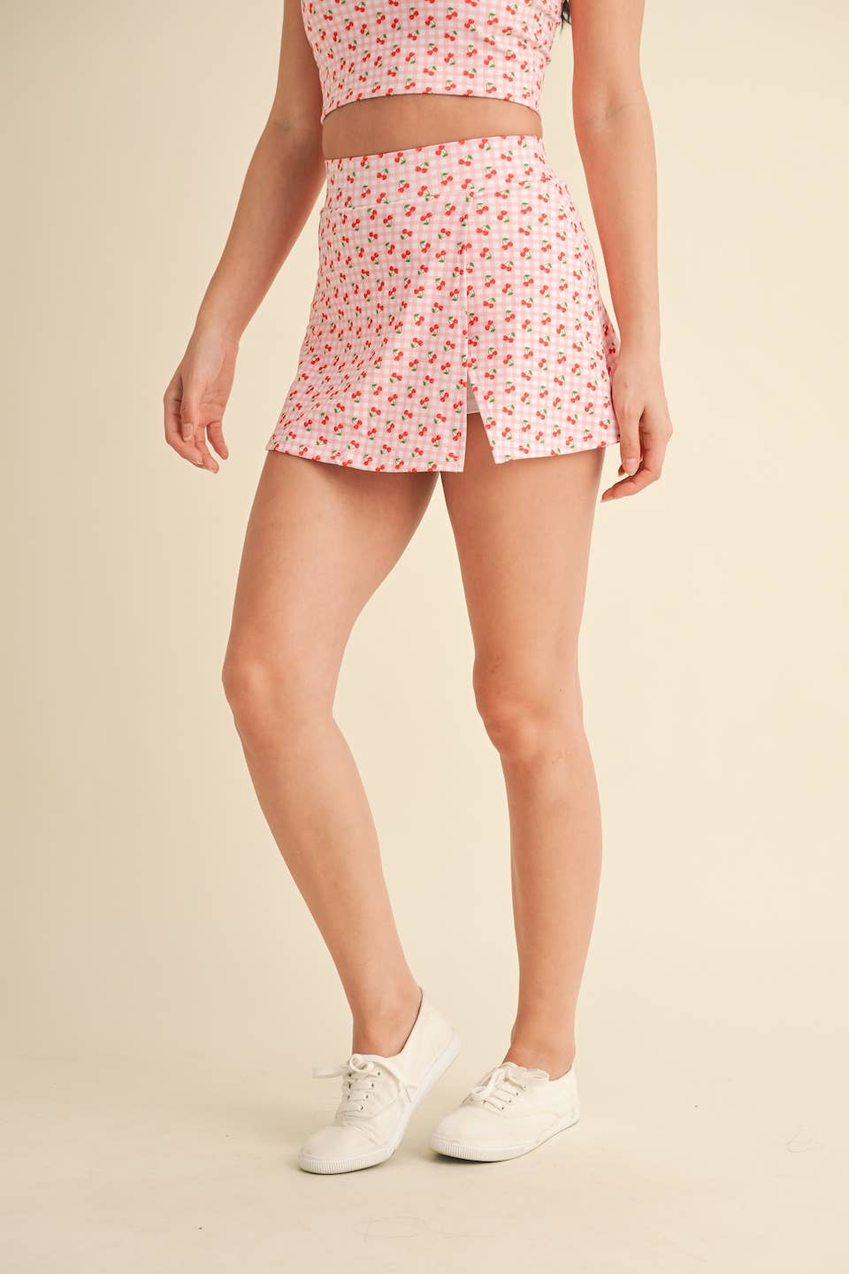 Cherry Gingham Print Side Slit A-Line Skort