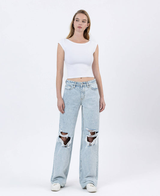 HIGH RISE DISTRESSED LONG BAGGY WIDE LEG JEANS BY4653L