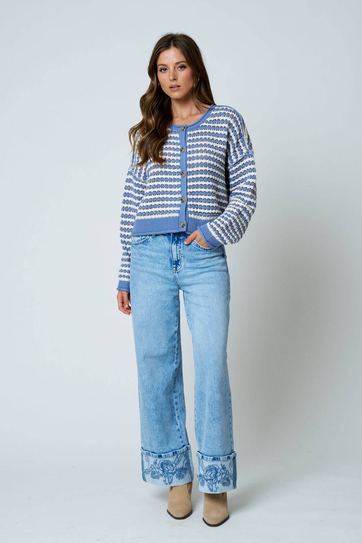 TEXTURED STRIPE CROCHET KNIT BUTTON DOWN CARDIGAN