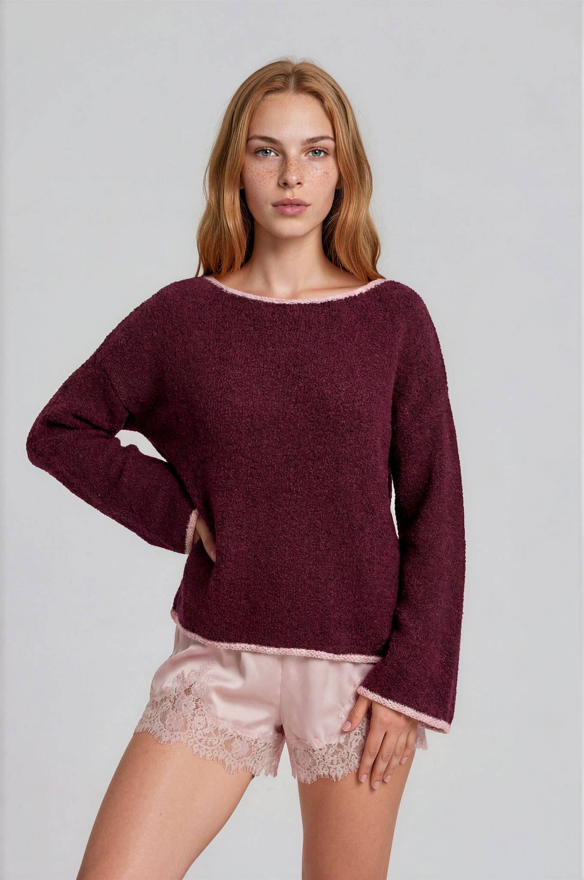 BOAT NECK CONTRAST TRIM LONG SLEEVE KNIT SWEATER