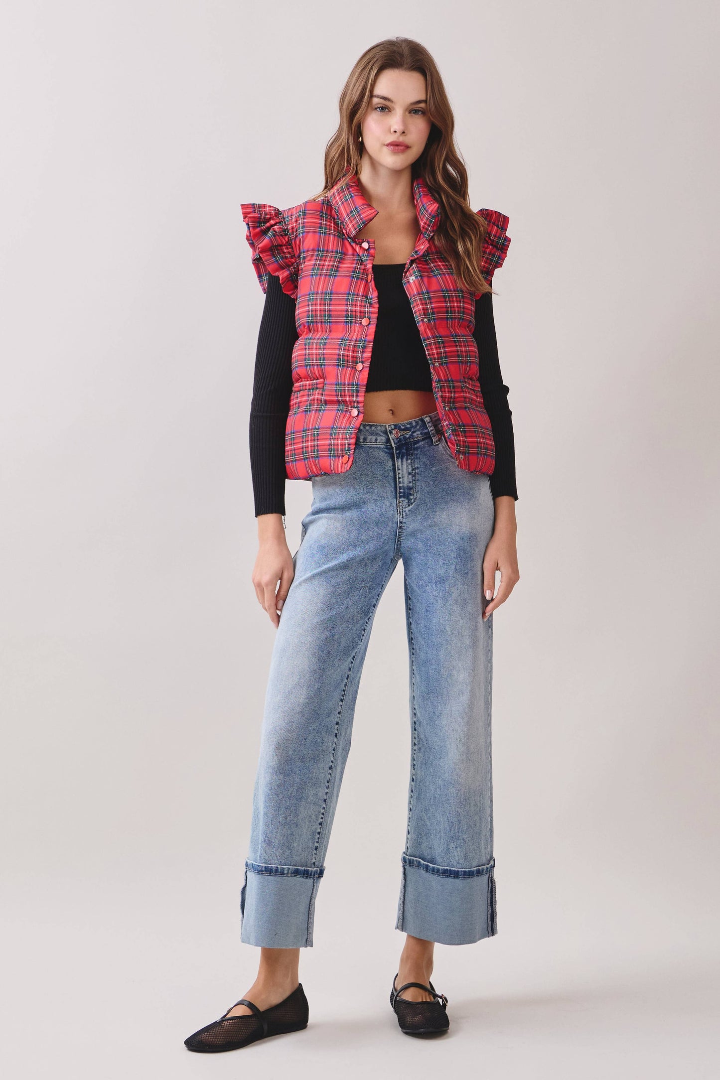 CV1277-Plaid Ruffled Shoulder Detail Puffer Vest