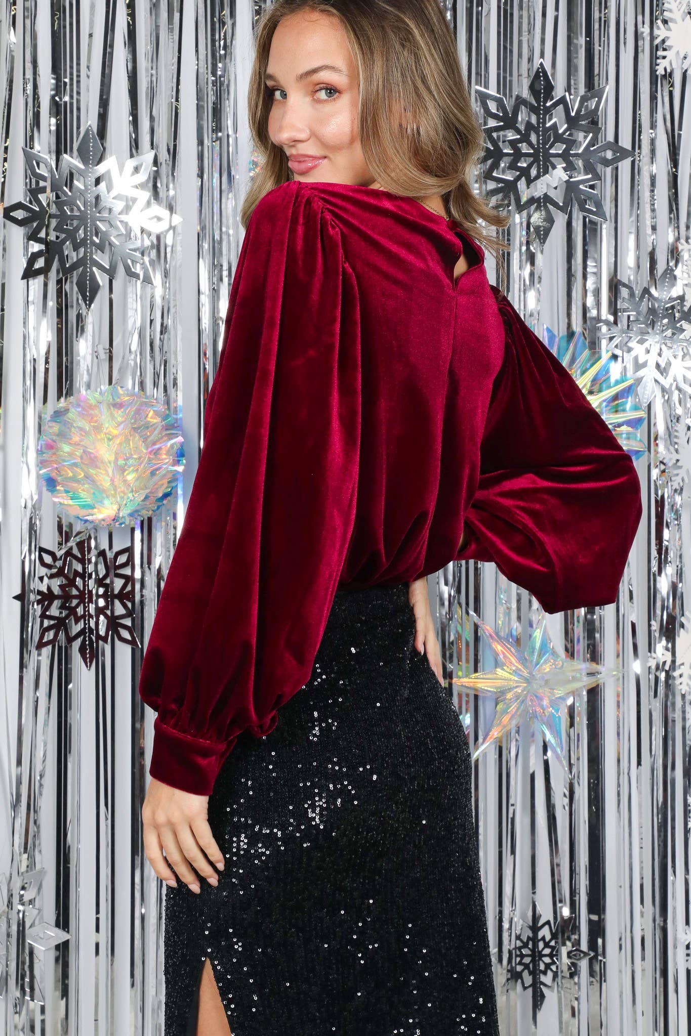 Sequin Bow Accent Luxe Velvet Blouse VT82764-