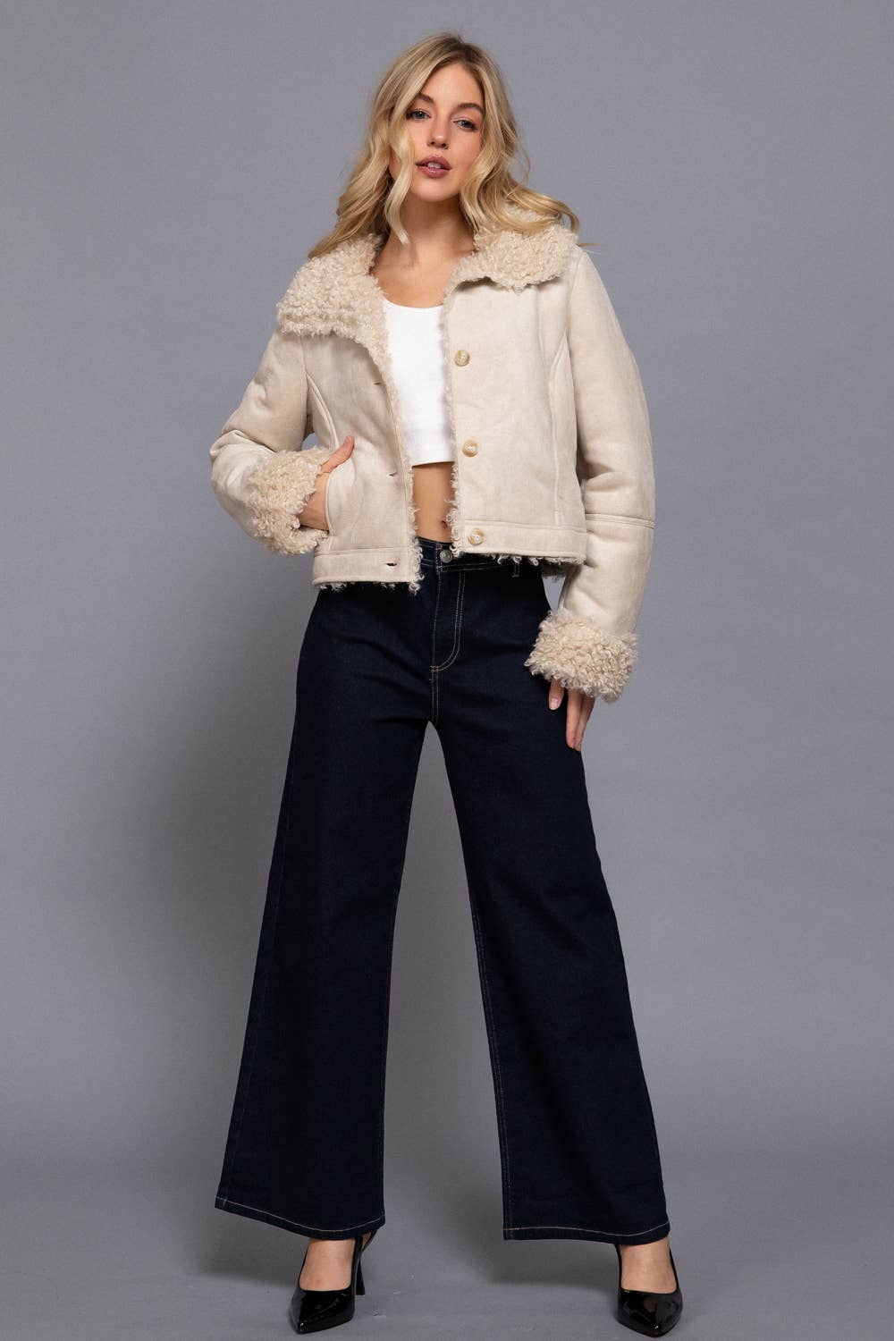 Long Sleeve Inside Fur Detail Penny Lane Suede Short Jacket