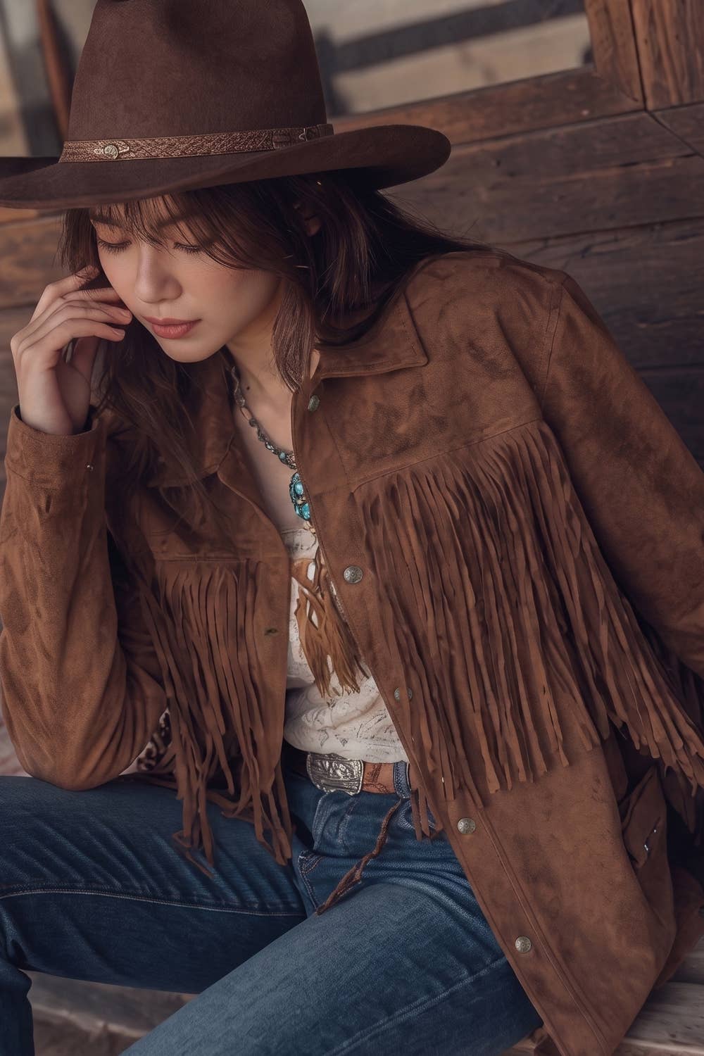 RELAXED FIT FAUX SUEDE FRINGE CASUAL JACKET