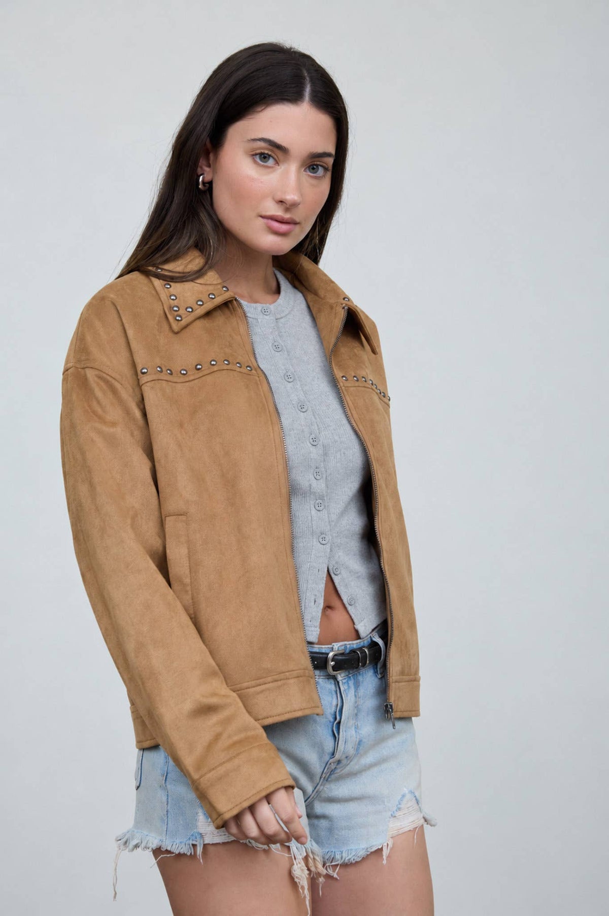 STUDDED COLLARED ZIP-UP SUEDE JACKET