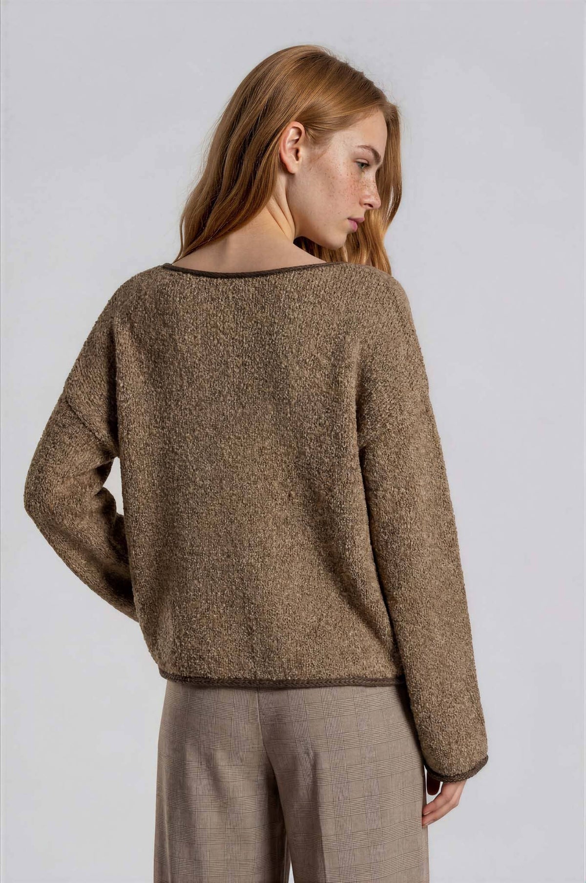 BOAT NECK CONTRAST TRIM LONG SLEEVE KNIT SWEATER