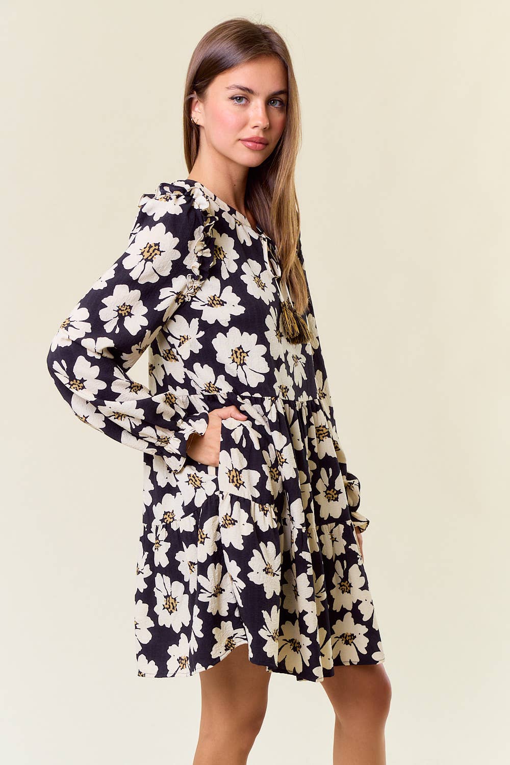 FLORAL PRINT LONG SLEEVE TIERED MINI DRESS - 27817D