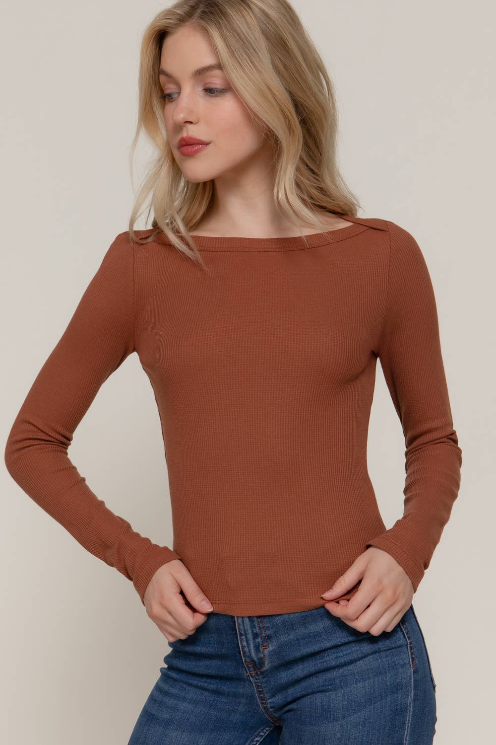 Long Sleeve Boat Neck Thermal Knit Top