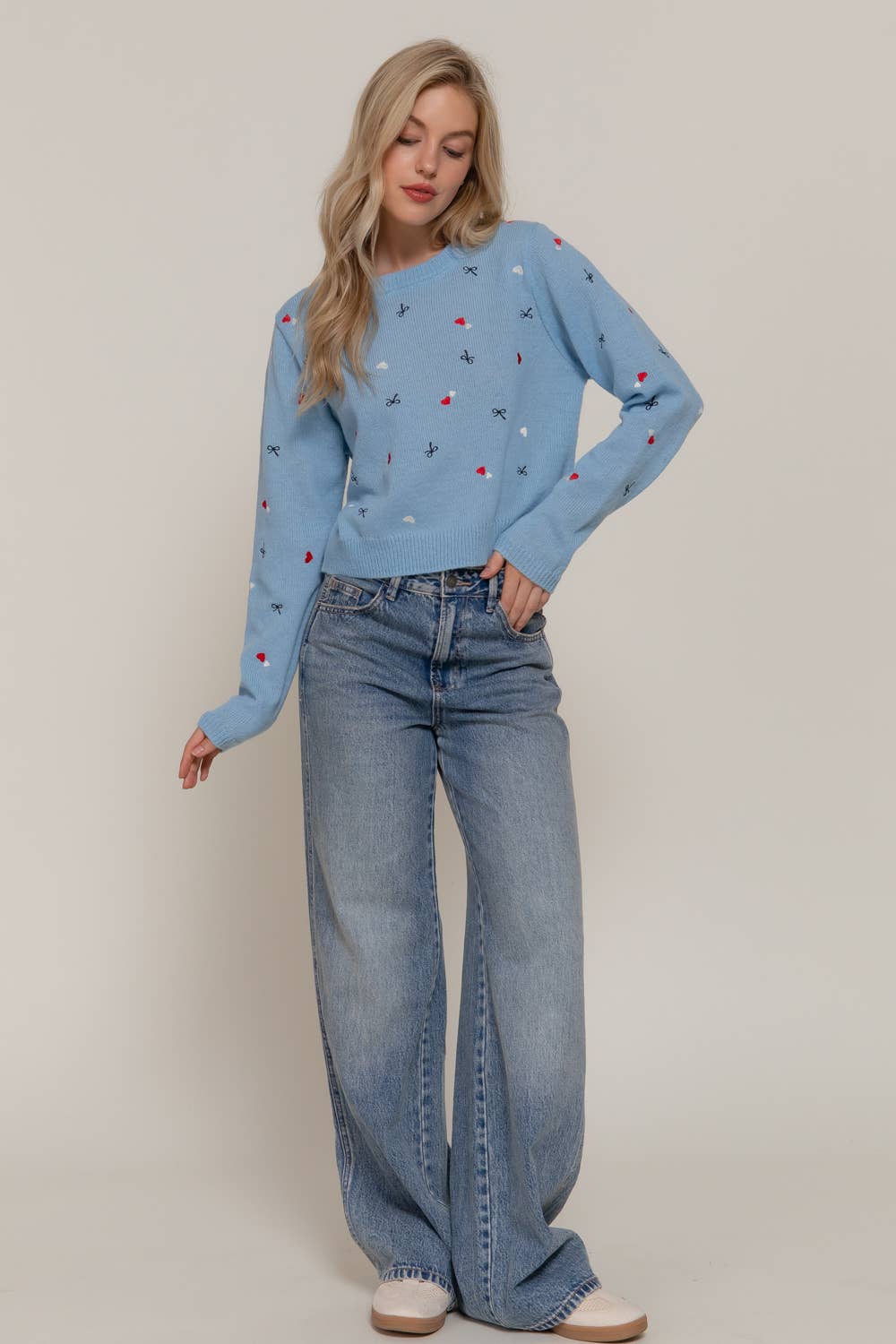 Long Sleeve Round Neck All Over Embroidery Sweater